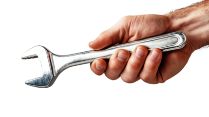 A strong male hand gripping a shiny wrench, ready for repair work.