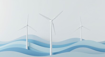 Three White Wind Turbines Stand Above Blue Layered Paper Waves
