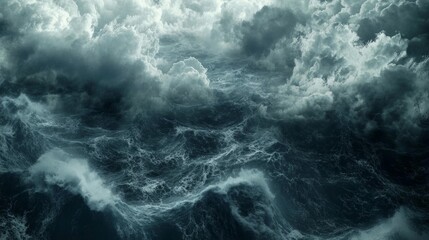 Fototapeta premium Aerial view of chaotic ocean waves under gloomy skies evoking an eerie apocalyptic atmosphere