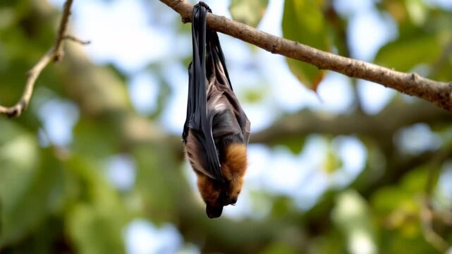 A bat hangs upside down from a tree branch, its wings folded tightly around its body as it rests during the day