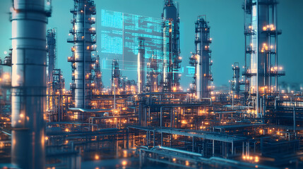 A futuristic oil refinery with advanced AI-controlled processing, sleek metallic towers, and a glowing data interface overlay