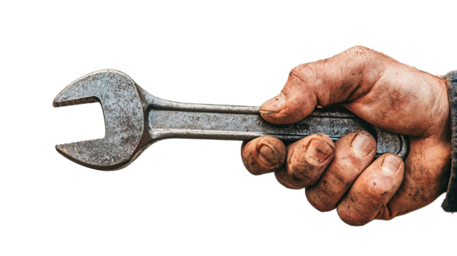 Close-up of a weathered hand gripping a metal wrench, showcasing hard work and craftsmanship.