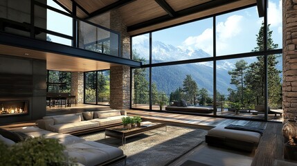 Fototapeta premium Chic modern rustic house seamless blend of wood stone and glass stunning mountain views serene and inviting 