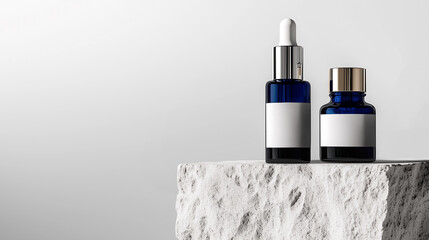 Luxury skincare dropper bottles with blank labels on stone pedestal for product branding, beauty packaging mockup, and cosmetic advertising on neutral grey background.