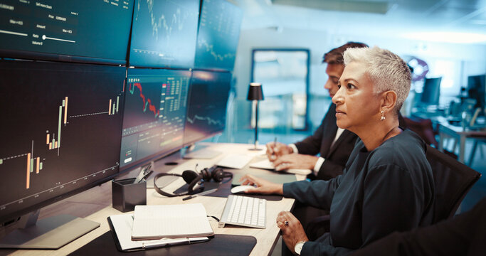 Woman, computer and screen for trading with graphs, stock market increase and review financial growth. Mature trader, monitor and online cryptocurrency, value update and charts with investment profit