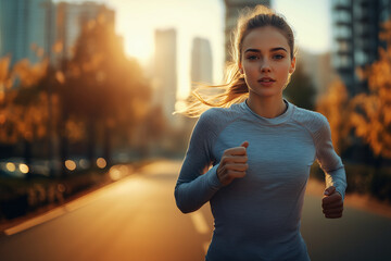 Young woman running in an urban area at morning. Ai generated.
