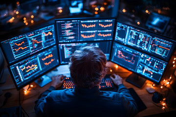Man analyzing stock market data at night