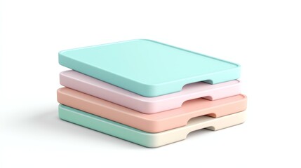 Stack of colorful food storage containers, featuring mint, pink, and white, on a clean white background.