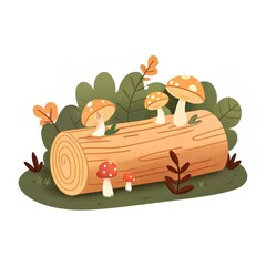 cozy autumn theme, Colorful mushrooms grow on a log surrounded by green foliage in a whimsical illustration.