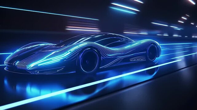 Futuristic blue sports car racing through a neon-lit cityscape at night, showcasing speed and innovation
