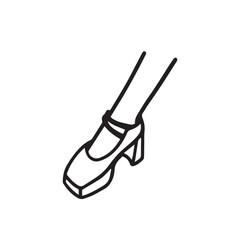 Sketch of women's shoes. Platform mary jane  platform shoe. Black and white Icon of a shoe on the foot. Fashion and style. Mary jane shoe. Women's feet sketch.