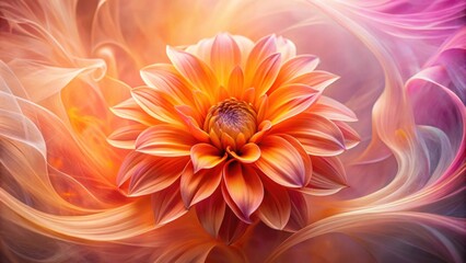 Obraz premium A single, soft peach dahlia flower with delicate, flowing petals, nestled in a swirling sea of warm, sunlit hues.