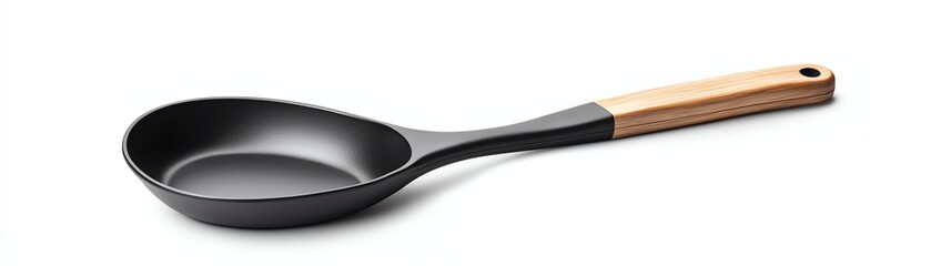 Stylish black cooking spoon with a wooden handle, isolated on a white background.