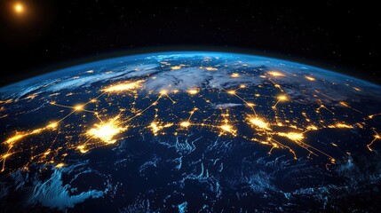 Obraz premium Earth at night highlighting finance, cityscapes, and connections concept. A stunning view of Earth from space with bright city lights.