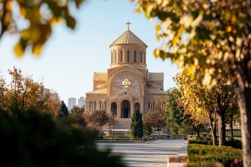 Orthodox church in park, golden dome, sunny day, travel, tourism, religious