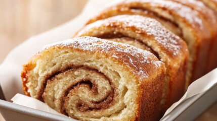 Fototapeta premium close up view of sliced cinnamon roll loaf cake, showcasing its swirled layers and dusted with powdered sugar, evokes warm and inviting feeling
