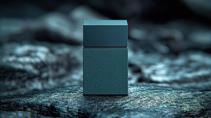 Dark teal perfume box on textured rock