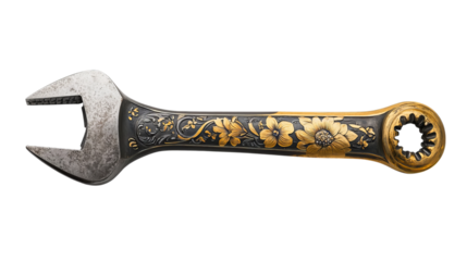 A beautifully ornate metal wrench with floral engravings and a lustrous golden finish.