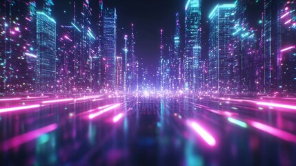Obraz premium Futuristic City Background in Neon Purple and Cool Green with Wide-Angle Effect