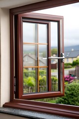 Modern Brown Woodgrain Window Open to Garden View