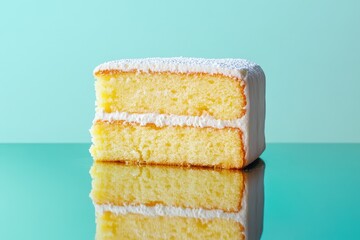 Fototapeta premium A delicious slice of layered cake with white frosting shows