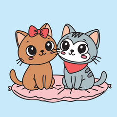 Two cute kitten in doodle style isolated on blue background