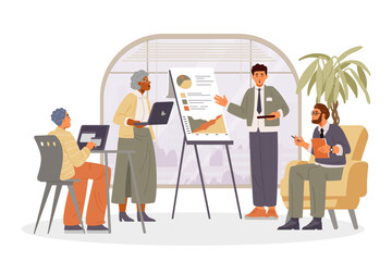 Diverse colleagues on business presentation flat vector illustration isolated on white.