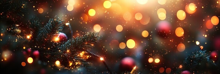 Obraz premium Festive bokeh: warm flare, joyful holiday party glow, and a dark blurred Christmas lights background. Generative Ai