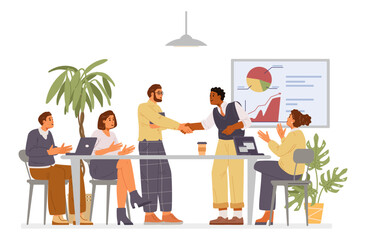Diverse business team on a business meeting or presentation. Two man shaking hands making a deal flat vector illustration.