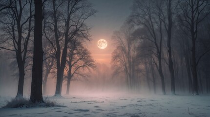 A moon is shining brightly in the sky above a forest