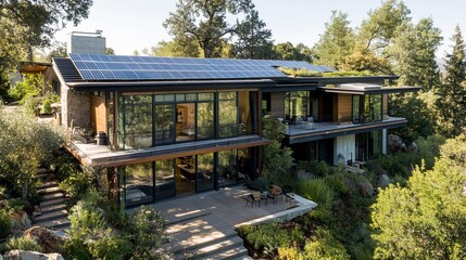 Contemporary solar-paneled home sharp design surrounded by greenery radiant energy-efficient and serene. 