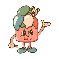 Groovy Ice cream with macaroon wafer rolls. Retro character or funky gelato dessert, comic personage. Happy ice-cream mascot with palm up hand gesture. 70s tasty hippie or hipster art funny.