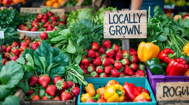 A sign that says locally grown is on a table with a variety of fruits