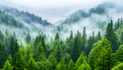 Obraz premium Misty mountain forest landscape, scenic view, nature background, travel poster