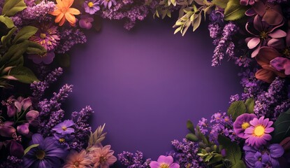 Floral frame, vibrant blooms in a circular arrangement, on a purple backdrop