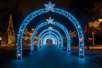 Fototapeta premium Illuminated star arches in park at night, festive light decorations on pathway with glowing stars