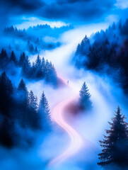 Fototapeta premium Misty Mountain Road Winding Through Trees