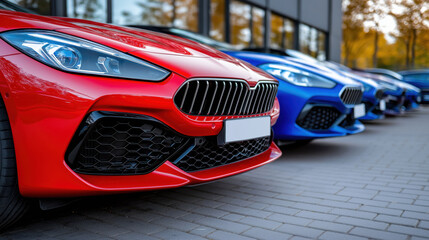 Fototapeta premium New luxury cars lined up at a modern dealership showcasing high-quality exterior design and vibrant colors