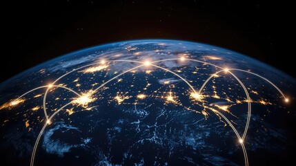 Obraz premium Earth at night displaying global business and finance map concept. Global network connections represented on Earth at night.