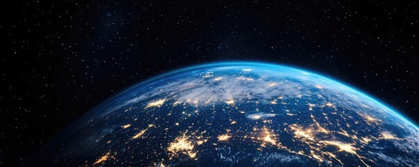 Obraz premium Earth at night showcasing world map and communication network concept. A stunning view of Earth from space, showcasing lights of cities.