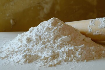 Close-up Pile of White Flour and Wooden Rolling Pin Baking Ingredient