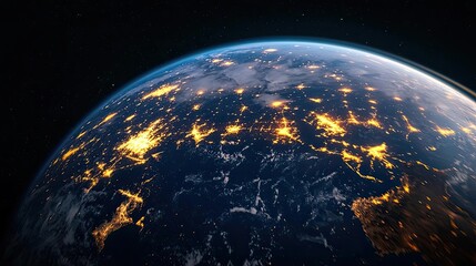 Obraz premium Earth at night showcasing world map and communication network concept. Stunning view of Earth illuminated by city lights from space.