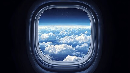 Beautiful blue sky with white clouds view from airplane window 