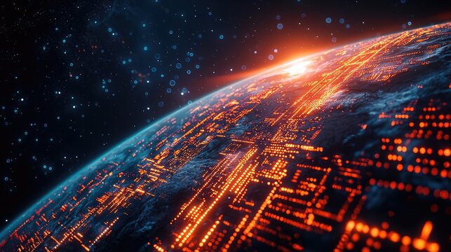 Earth at night showcasing world map and communication network concept. A stunning view of Earth with circuits and glowing lights.