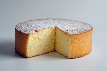 A delicious round cake with powdered sugar sliced open