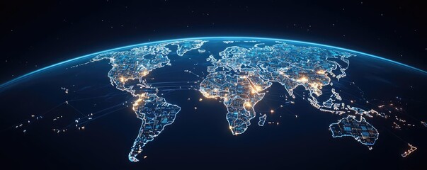 Obraz premium Earth at night displaying global business and finance map concept. Stunning view of Earth illuminated at night from space.