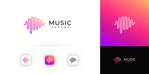 Sound wave in brain shape logo with vibrant gradient line symbolizing audio signal. Ideal for music platforms, audio branding, media apps. Vector illustration.