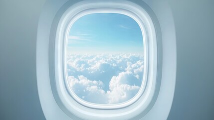 Beautiful blue sky with white clouds view from airplane window 