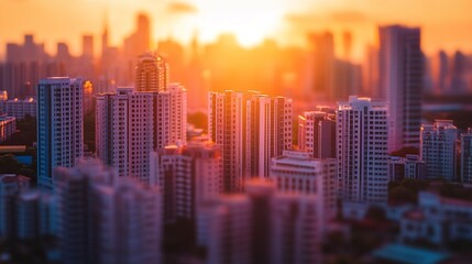 Fototapeta premium Dawn light streams across a precisely designed cityscape miniature buildings and streets evoke dreams of urban innovation. 