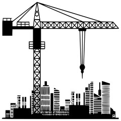 City Silhouette: A stylized silhouette of a city skyline dominated by construction cranes, embodying the modern urban landscape.